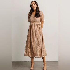 Baltic Born Polagram Lace Embellished Midi Dress Wedding Guest L Nude Tan NEW